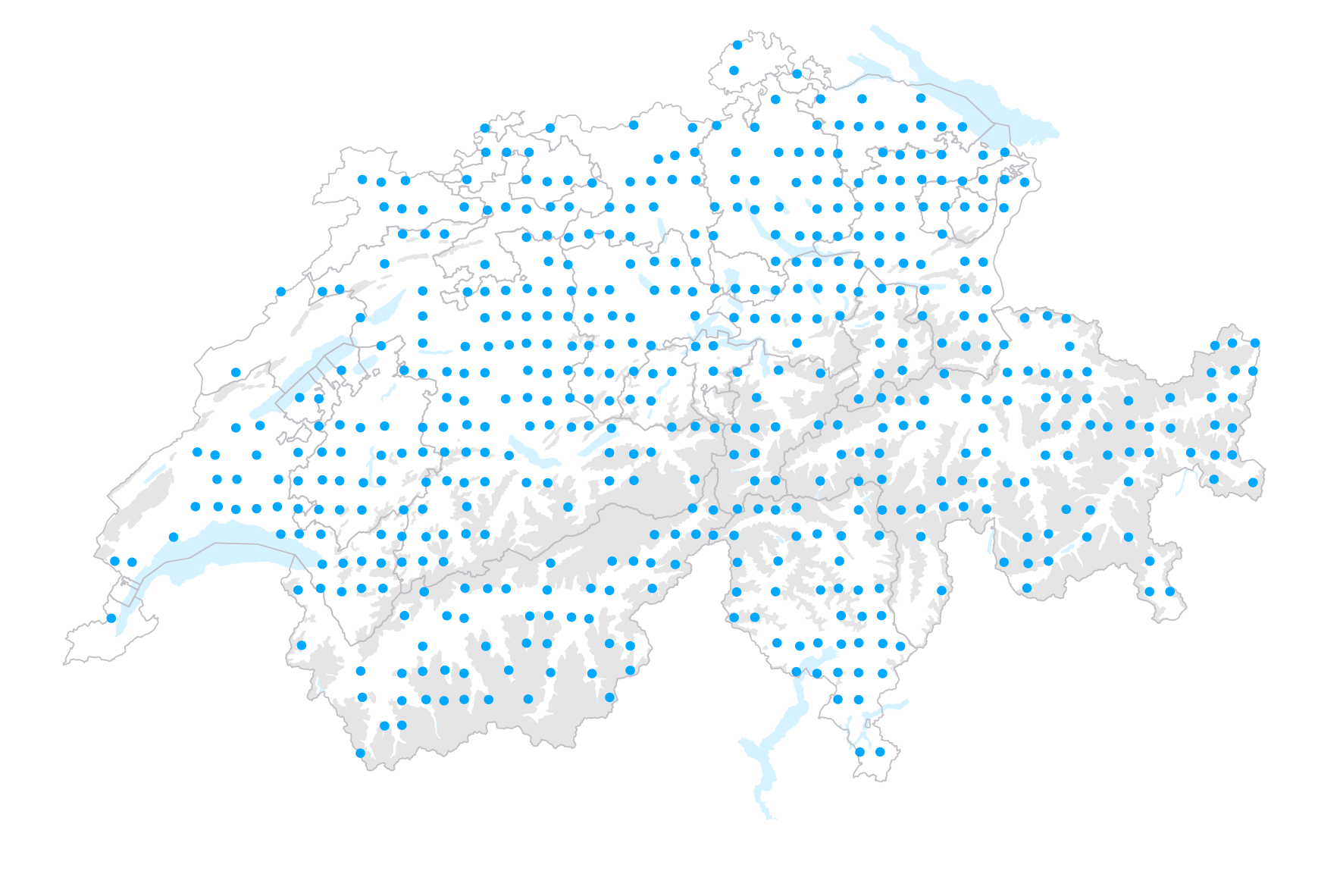 Reliefkarte der Schweiz mit Seen und Flüssen und darin eingezeichnet das Stichprobenraster des Messnetz Fliessgewässer. Auffallend ist, dass im Jura ein paar Lücken bestehen, was mit der Geologie des Gebiets zusammenhängt.