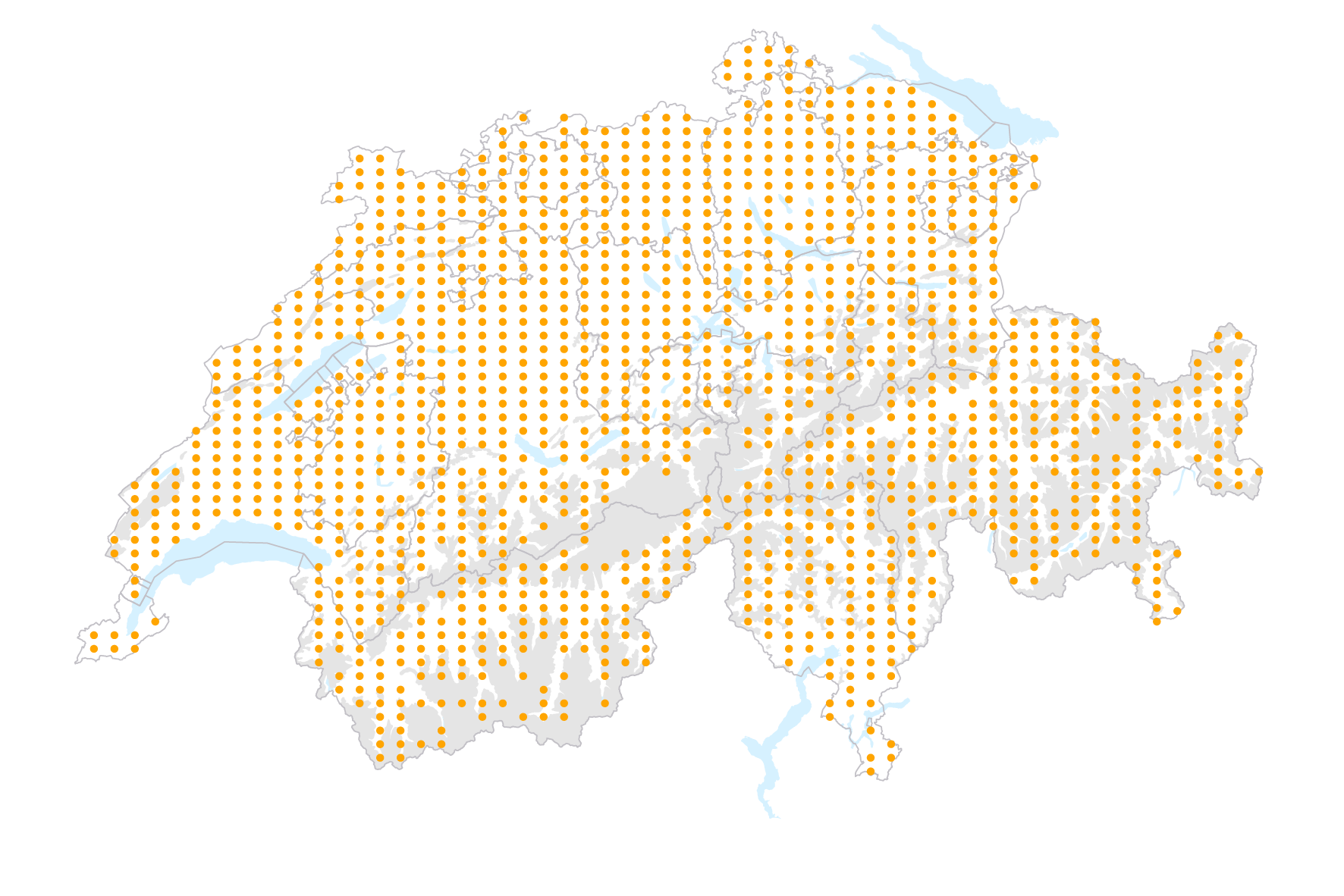 Reliefkarte der Schweiz mit Seen und Flüssen und darin eingezeichnet das sehr regelmässige Stichprobenraster des Messnetz Landlebensräume. Es gibt praktisch keine Lücken im Messnetz, ausser im Hochgebirge (unzugängliche Flächen) sowie Stichprobenpunkte, die in einem der grossen Seen zu liegen kommen.