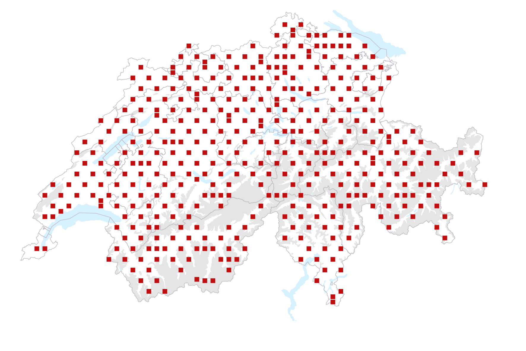 Reliefkarte der Schweiz mit Seen und Flüssen. Das regelmässige Stichprobennetz mit den Kilometerquadraten ist eingezeichnet, wobei auffällt, dass die Aufnahmequadrate im Jura und an der Alpensüdflanke enger beieinander liegen aufgrund der Stichprobenverdichtung.