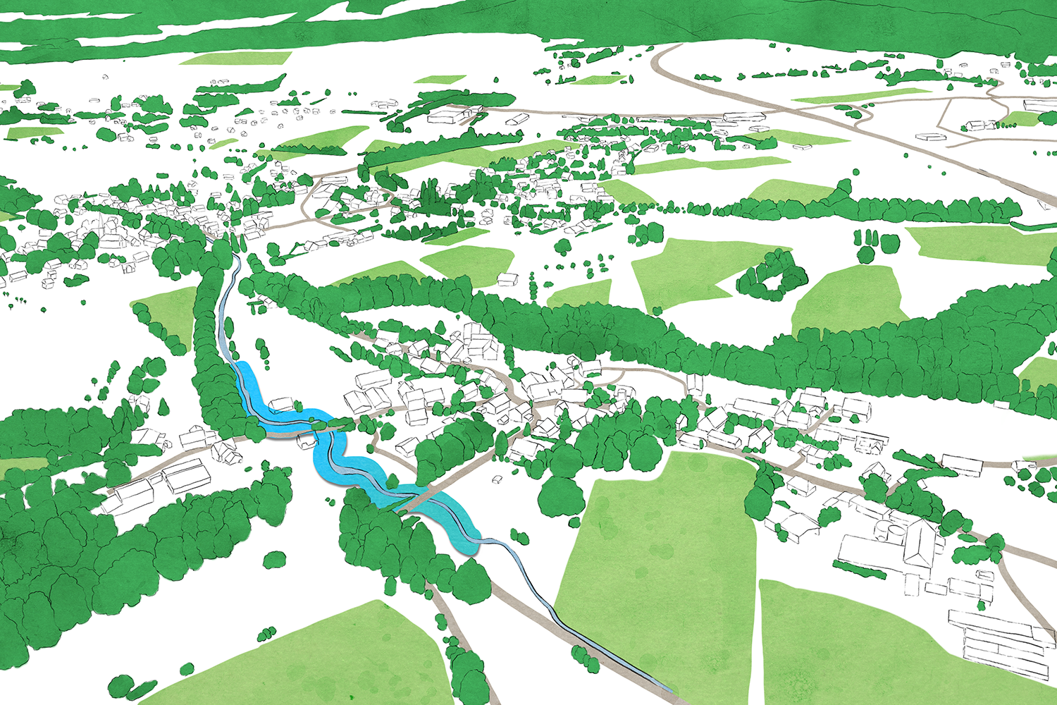 In der Landschaftszeichnung ist der zur BDM-Stichprobe gehörende Bachabschnitt farbig hervorgehoben.
